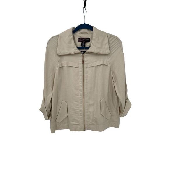 Peck & Peck Linen Blend Full Zip Roll Tab Sleeve Lightweight Jacket Khaki Medium - Picture 1 of 8